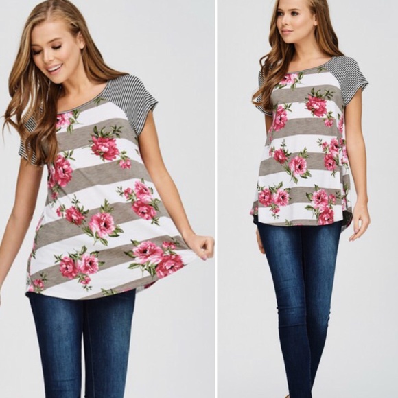 Last 1! Medium Striped/floral top in Ash Brown - Picture 2 of 7